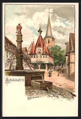 Lithographie Michelstadt / O., Markt mit Brunnen