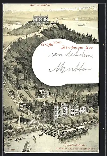 Lithographie Leoni, Drahtseilbahn am Starnberger See, Hotel Rottmannshöhe