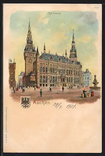Lithographie Aachen, das Rathaus, Stadtwappen