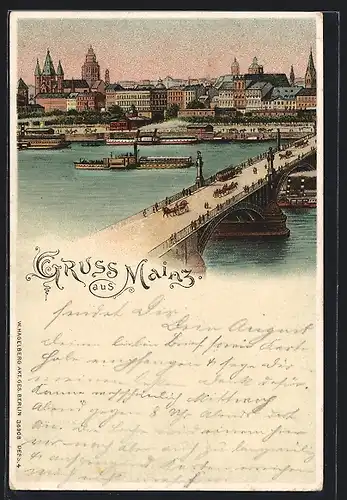 Lithographie Mainz, Gesamtansicht, rücks. Rheinbrücke bei Nacht