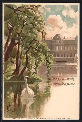 Lithographie Ludwigsburg, Schloss Monrepos, Schwan