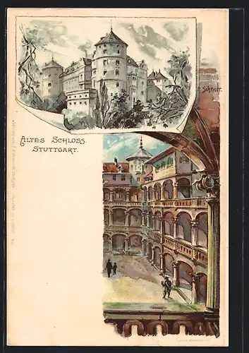 Lithographie Stuttgart, Altes Schloss, Schlosshof