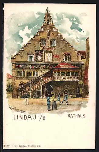 Lithographie Lindau i. B., Soldaten am Rathaus