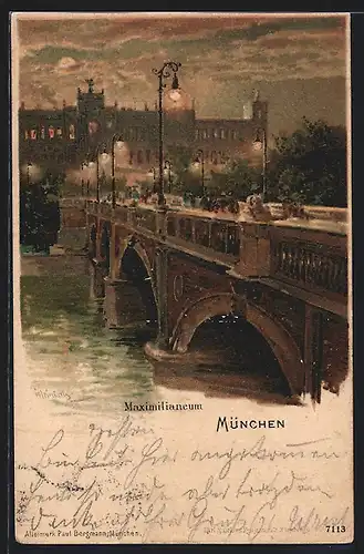 Lithographie München, Maximilianeum mit Brücke