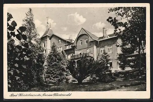 AK Bad Klosterlausnitz, Hotel-Pension Klosterwald vom Garten gesehen