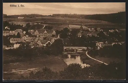 AK Flöha i. Sa., Ortsansicht mit Brücke aus der Vogelschau