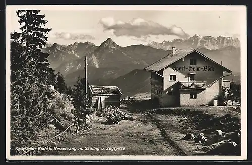 AK Nesselwang, Sportheim Böck mit Säuling und Zugspitze