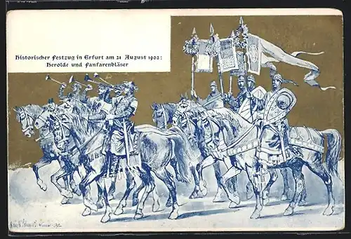 AK Erfurt, Historischer Festzug am 21. August 1902, Herolde und Fanfarenspieler