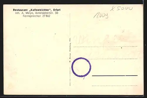 AK Erfurt, Gaststätte Restaurant Kaffeetrichter A. Meyn, Arnstaedterstrasse 30, Innenansicht mit Portrait