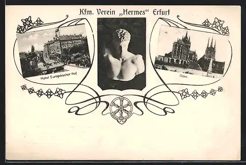 Passepartout-AK Erfurt, Hotel Europäischer Hof, Dom, Hermes-Büste, Kfm. Verein Hermes