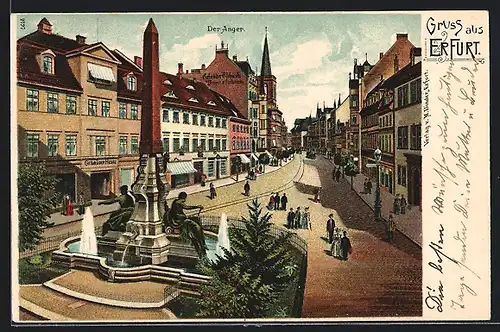 Lithographie Erfurt, Der Anger mit Brunnen