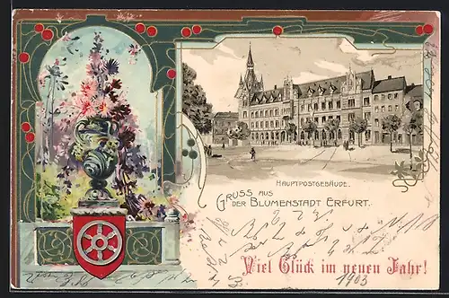 Passepartout-Lithographie Erfurt, Hauptpost, Blumenschmuck, Wappen
