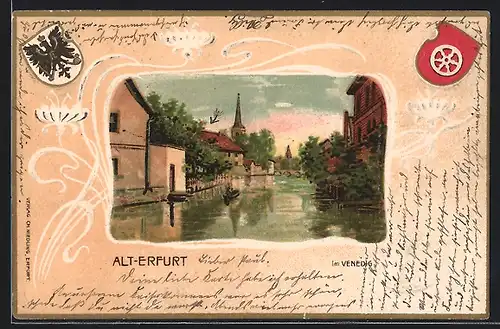 Passepartout-Lithographie Erfurt, Venedig in Alt-Erfurt, Wappen