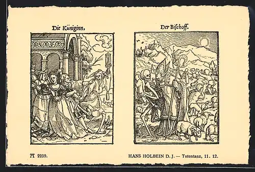 AK Totentanz, Küniginn und Bischoff, Hans Holbein