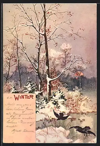 AK Winter, Landschaft mit Raben, Allegorie