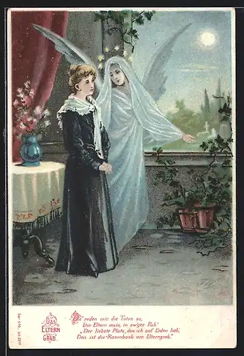 AK Junge Frau trauer um ihre Eltern, Engel tröstet sie
