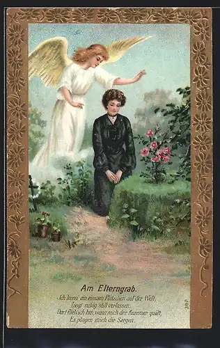 AK Dame im schwarzen Kleid trauert am Elterngrab mit Engel