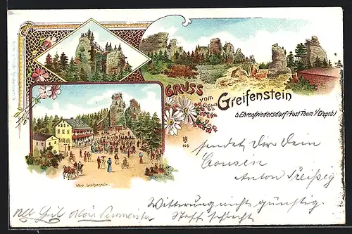 Lithographie Ehrenfriedersdorf bei Thun /Erzgeb., Greifenstein und Hotel Greifenstein mit Gästen