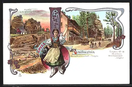 Lithographie Ehrenfriedersdorf /Erzgeb., Gasthaus Greifenstein, Steinbrüche, Trachtenmädchen