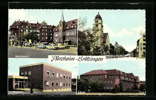 AK Pforzheim-Brötzingen, Marktplatz, Christuskirche, Postamt, Schule