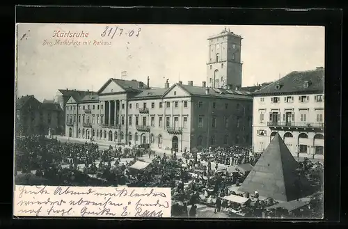 AK Karlsruhe, Marktplatz mit Rathaus