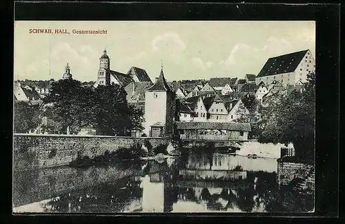 AK Schwäbisch Hall, Ortsansicht, Flusspartie mit Brücke