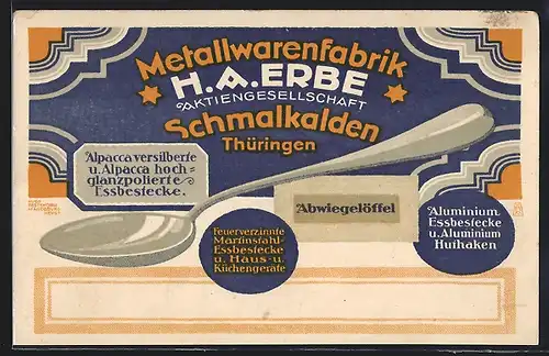 AK Schmalkalden / Thür., Metallwarenfabrik H. A. Erbe AG, Reklame für Essbestecke und Abwiegelöffel