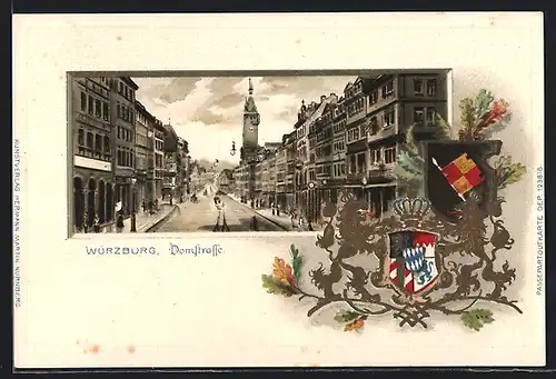 Passepartout-Lithographie Würzburg, Blick in die Domstrasse, geprägtes Wappen