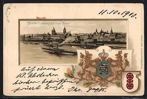 Passepartout-Lithographie Mainz, Totalansicht vom Rhein mit Dampfern, Wappen