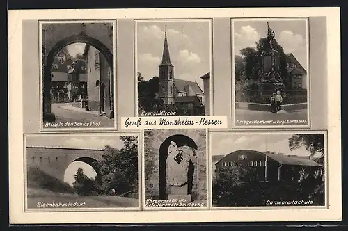 AK Monsheim, Eisenbahnviadukt, Ev. Kirche, Kriegerdenkmal, Damenreitschule