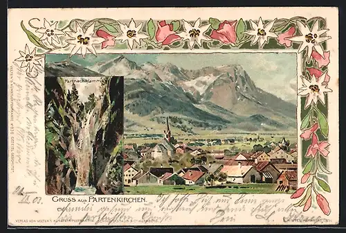 Lithographie Partenkirchen, Ortsansicht mit Gebirgspanorama, Partnachklamm