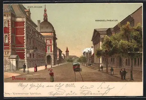 AK Dessau, Herzogliches Theater und Erbpr. Schloss in der Cavalierstrasse