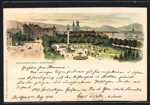 Lithographie Stuttgart, Schlossplatz aus der Vogelschau