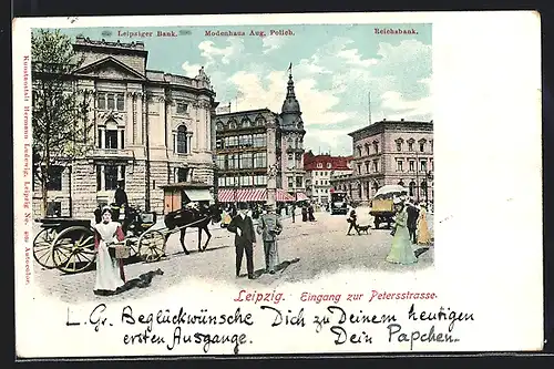AK Leipzig, Eingang zur Peterstrasse, Leipziger Bank, Strassenbahn