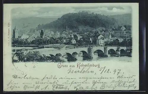 Mondschein-AK Hohenlimburg, Ortsansicht, Flusspartie mit Brücke aus der Vogelschau