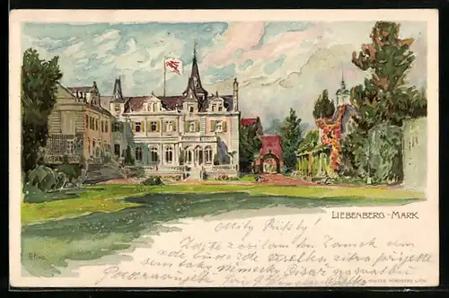 Lithographie Liebenberg / Mark, Gartenpartie mit Schloss