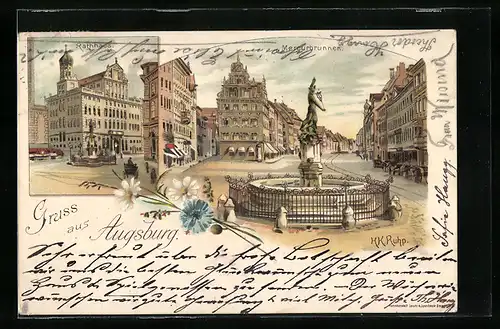 Lithographie Augsburg, Mercurbrunnen und Rathaus