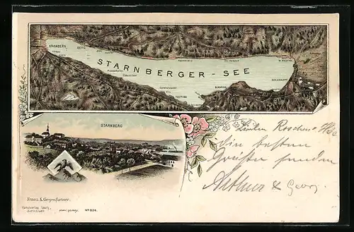 Lithographie Starnberg, Landkarte Starnberger See und umliegende Ortschaften, Ortsansicht von Starnberg