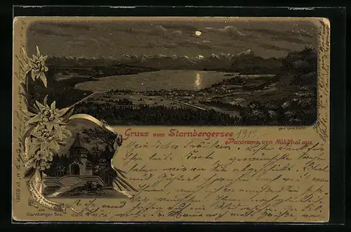 Lithographie Starnberg, Panorama vom Mühlthal aus gesehen