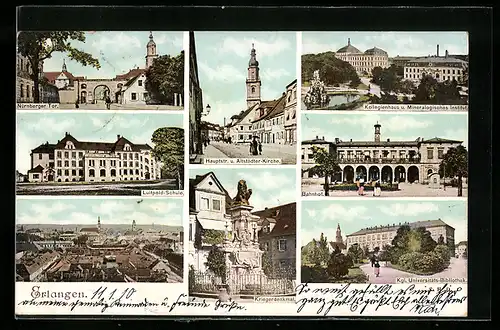 AK Erlangen, Nürnberger Tor, Luitpold-Schule, Kriegerdenkmal, Bahnhof, Kgl. Universitäts-Bibliothek