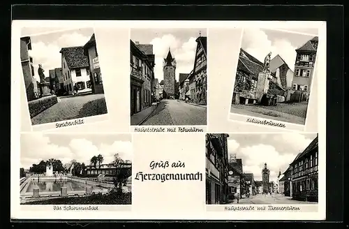 AK Herzogenaurach, Kiliansbrunnen, Hauptstrasse mit Fehnturm und Türmersturm, Schwimmbad und Strassenpartie