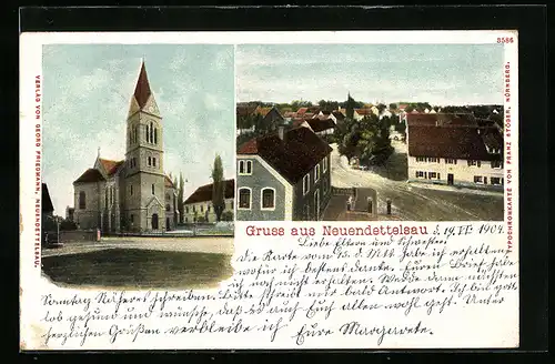 AK Neuendettelsau, Kirche und Strassenpartie aus der Vogelschau