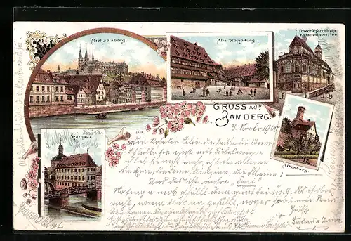 Lithographie Bamberg, Altenburg, Rathaus und Michaelsberg