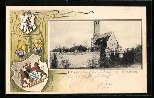 Passepartout-Lithographie Bamberg, Die Altenburg, Wappen