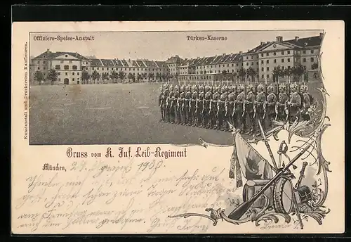 AK München, Gruss vom K. Inf. Leib-Regiment, Türken-Kaserne, Offiziers-Speise-Anstalt, Gewehr und Säbel