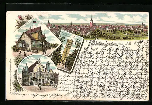 Lithographie Hildesheim, Ortsansicht mit Rathaus und Gasthaus auf dem Galgenberg