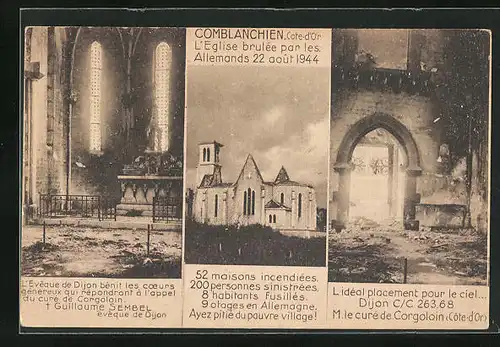 AK Comblanchien, L`Église brulée par les Allemands