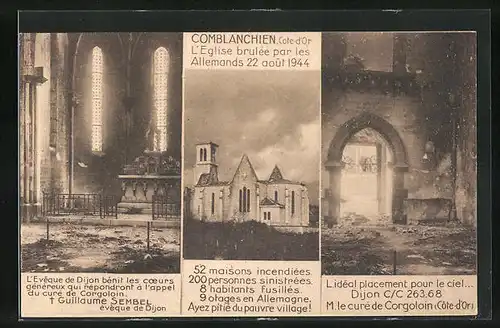 AK Comblanchien, L`Eglise brulee par les Allemands 22 aout 1944