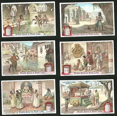 6 Sammelbilder Liebig, Serie Nr.: 1041, Les Dieux Des Indous, Inder beten zu Rama und Vichnou, Elefanten-Tempel, Civa