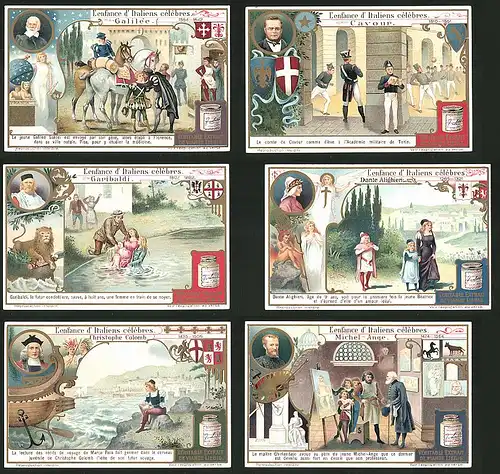 6 Sammelbilder Liebig, Serie Nr.: 1044, L'enfance d'Italiens celebres, Michelangelo, Kolumbus, Dante Alighieri